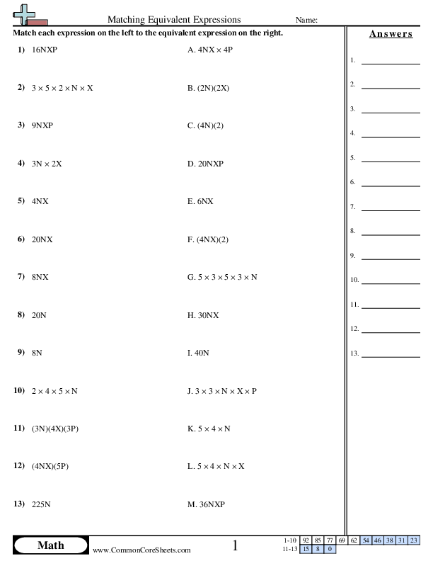 Algebra Worksheets - Matching Equivalent Expressions worksheet